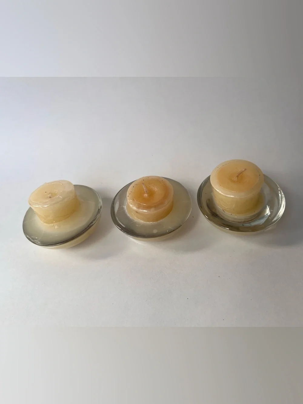 Set of 3 Target tealight candle holders with glass bases and candles